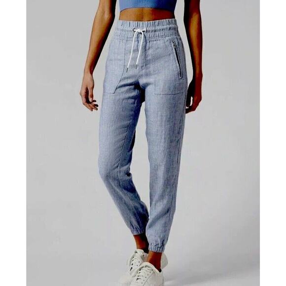 Athleta Chambray Blue Cabo Casual Linen Jogger Pant Tie Waist Front Zip 4 - Picture 1 of 16